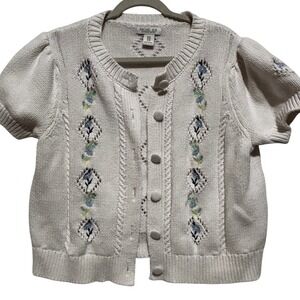 Rachel Zoe embroidered Puff short Sleeve Button Cardigan Sweater top 1X boho y2k
